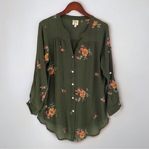 Anthropologie Tunic Blouse Womens Size 1X Embroidered Floral Peasant Button Up